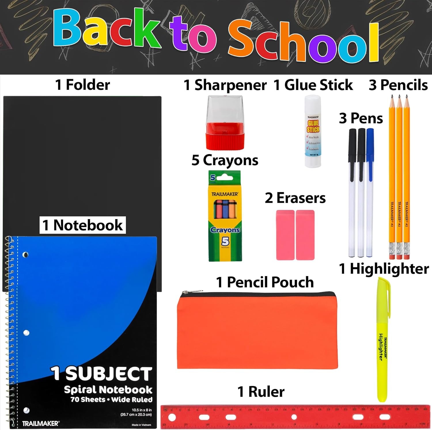 24 Pack Bulk Back to School Supplies for Kids | 20 Piece School Supply Kits in Bulk for Kindergarten, Elementary, K-12 with Notebook, Crayons, Pencils, and More