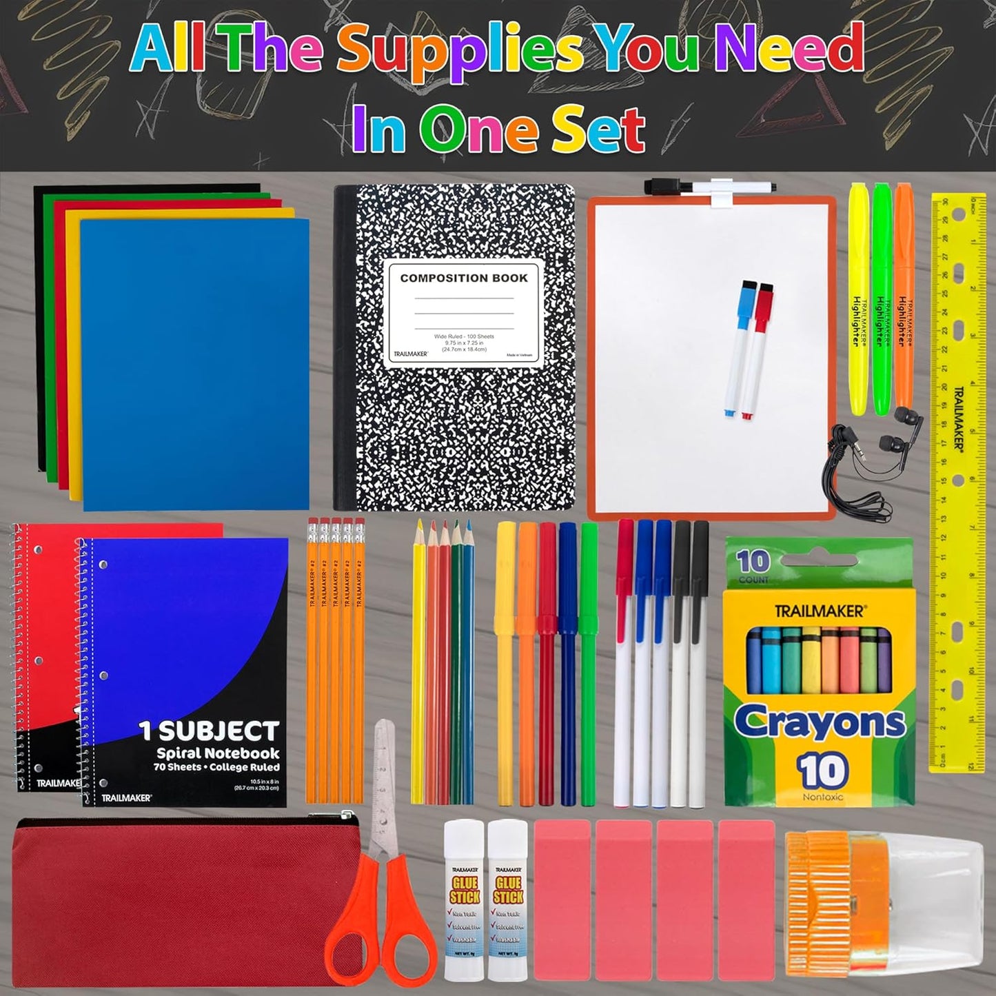 12 Pack of 60 Piece Sets of Bulk Back to School Supplies Bundle Kit for Girls, Boys, Kids, Back to School Supply Box Bundle Kit Includes Notebooks, Folders, Headphones, Ruler, and More