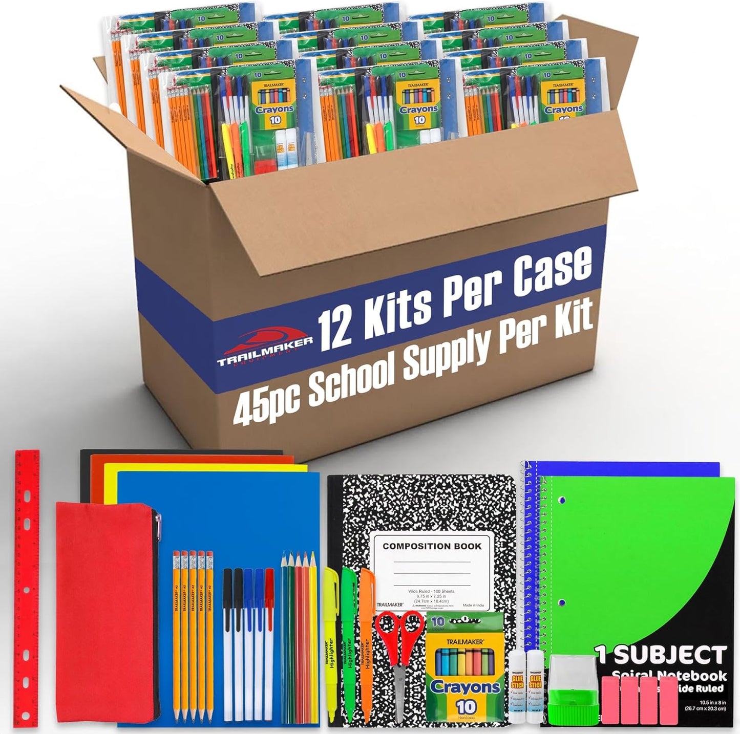 Bulk Elementary School Supply Kits, 12 Packs of 45 Piece Wholesale School Supplies for Kids Includes Folders Notebooks Pencils Pens and Much More!