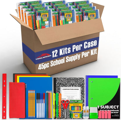 Bulk Elementary School Supply Kits, 12 Packs of 45 Piece Wholesale School Supplies for Kids Includes Folders Notebooks Pencils Pens and Much More!