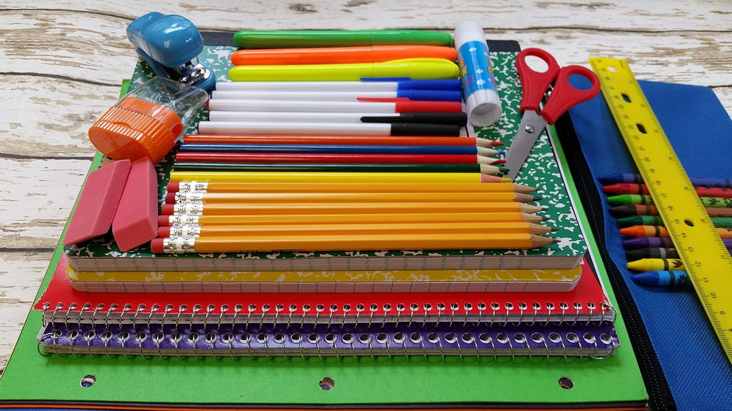 Bulk Elementary School Supply Kits, 12 Packs of 45 Piece Wholesale School Supplies for Kids Includes Folders Notebooks Pencils Pens and Much More!