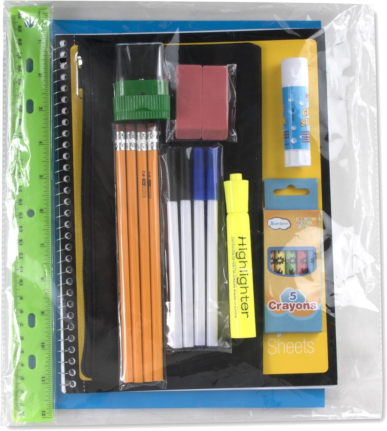 24 Pack Bulk Back to School Supplies for Kids | 20 Piece School Supply Kits in Bulk for Kindergarten, Elementary, K-12 with Notebook, Crayons, Pencils, and More