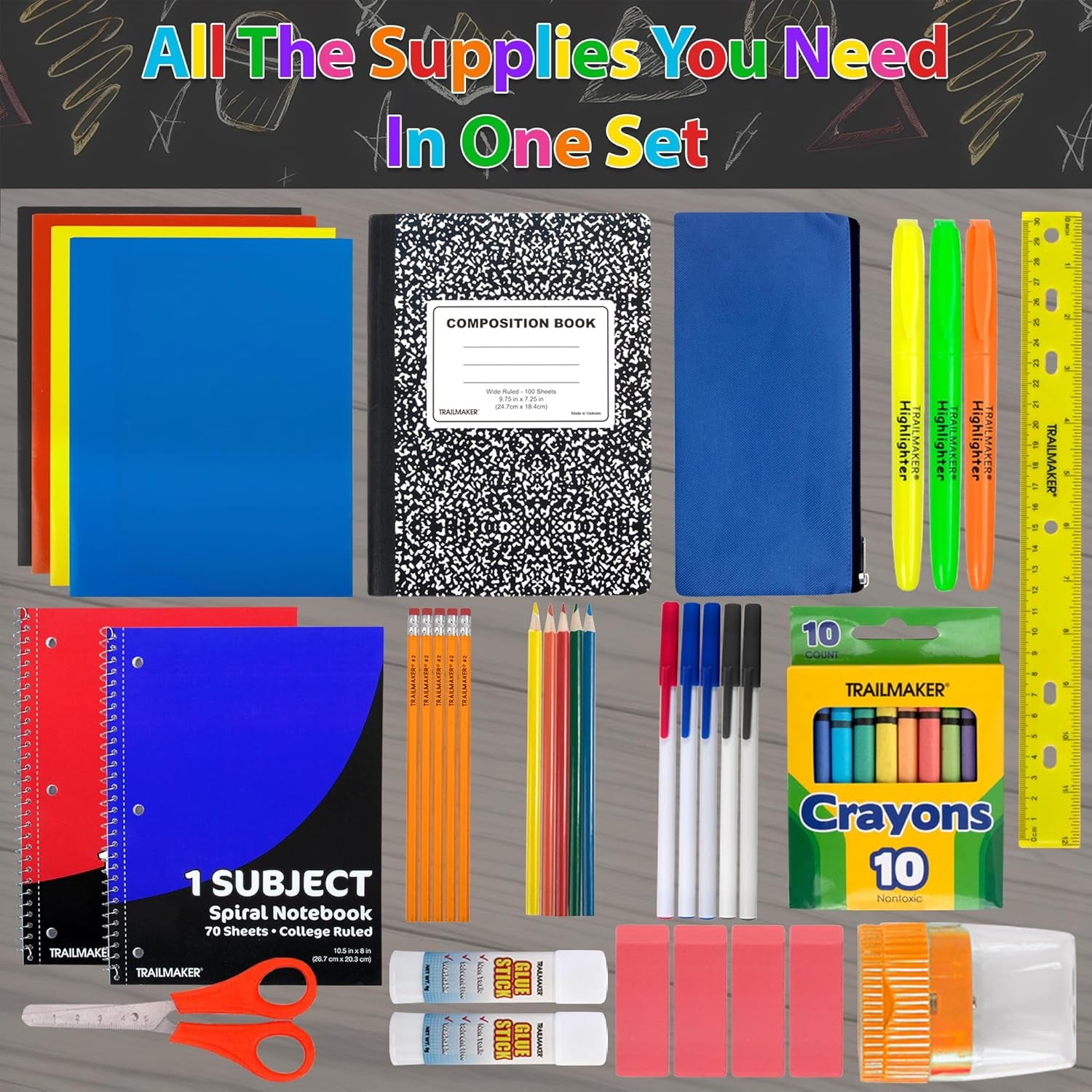 Bulk Elementary School Supply Kits, 12 Packs of 45 Piece Wholesale School Supplies for Kids Includes Folders Notebooks Pencils Pens and Much More!