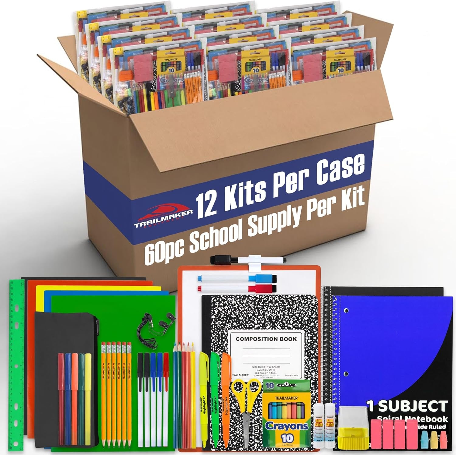 12 Pack of 60 Piece Sets of Bulk Back to School Supplies Bundle Kit for Girls, Boys, Kids, Back to School Supply Box Bundle Kit Includes Notebooks, Folders, Headphones, Ruler, and More