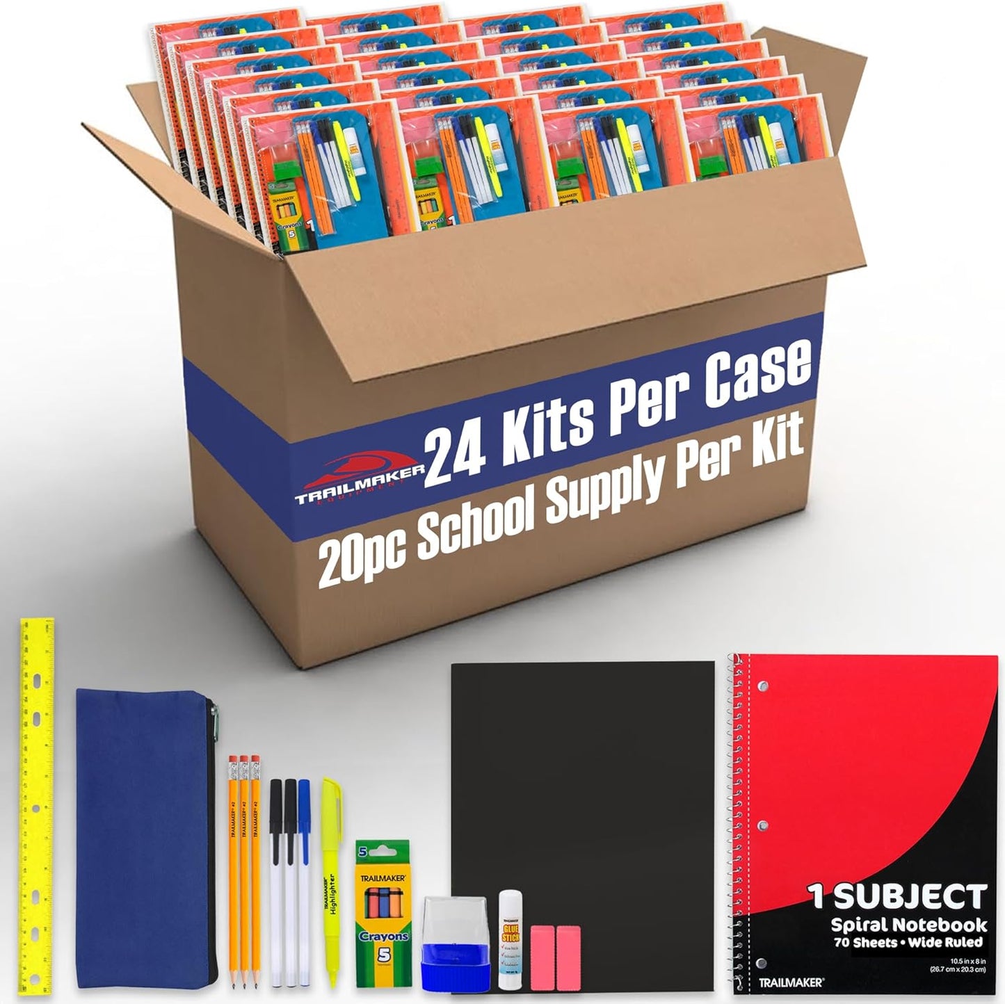 24 Pack Bulk Back to School Supplies for Kids | 20 Piece School Supply Kits in Bulk for Kindergarten, Elementary, K-12 with Notebook, Crayons, Pencils, and More