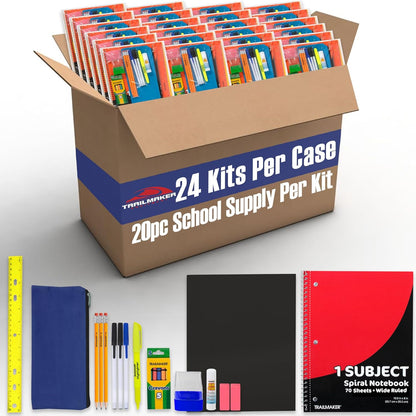 24 Pack Bulk Back to School Supplies for Kids | 20 Piece School Supply Kits in Bulk for Kindergarten, Elementary, K-12 with Notebook, Crayons, Pencils, and More